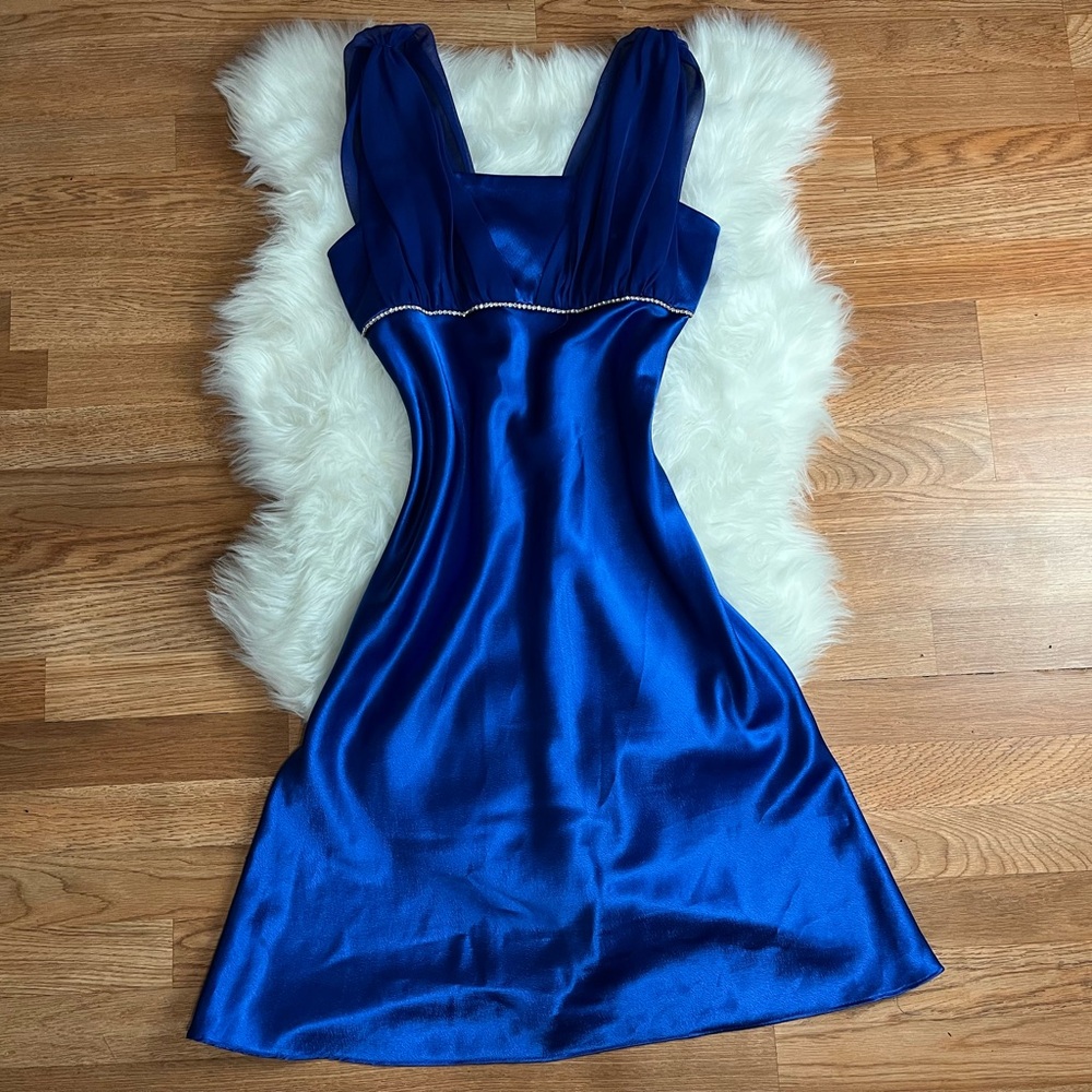 Fiesta Royal Blue Satin Prom Dress with Sheer Shoulder Straps